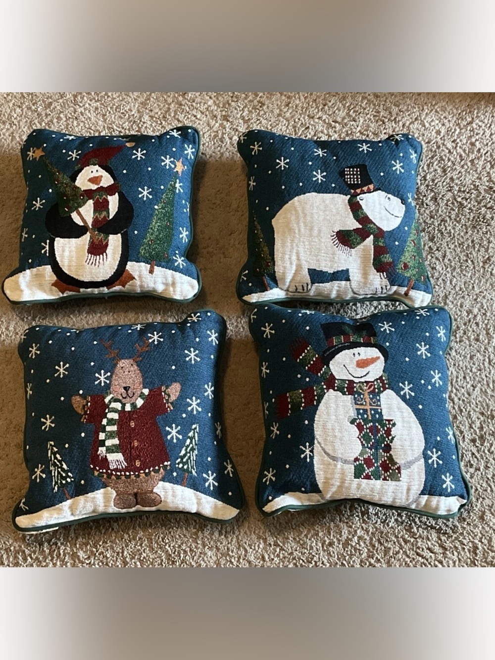 Set of 4 Christmas Tapestry Throw Pillows 12x12” Snowman Penguin Bear Reindeer